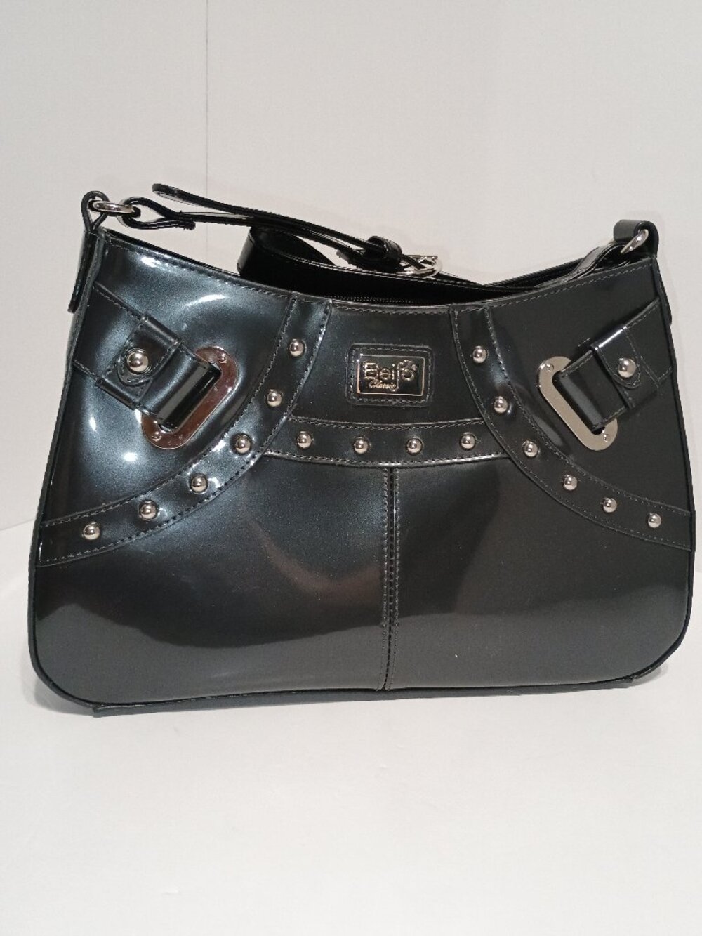 Beijo Classic Black Patent Leather Look Studded Shoulder Bag Y2K Buckle Accent - Picture 2 of 12